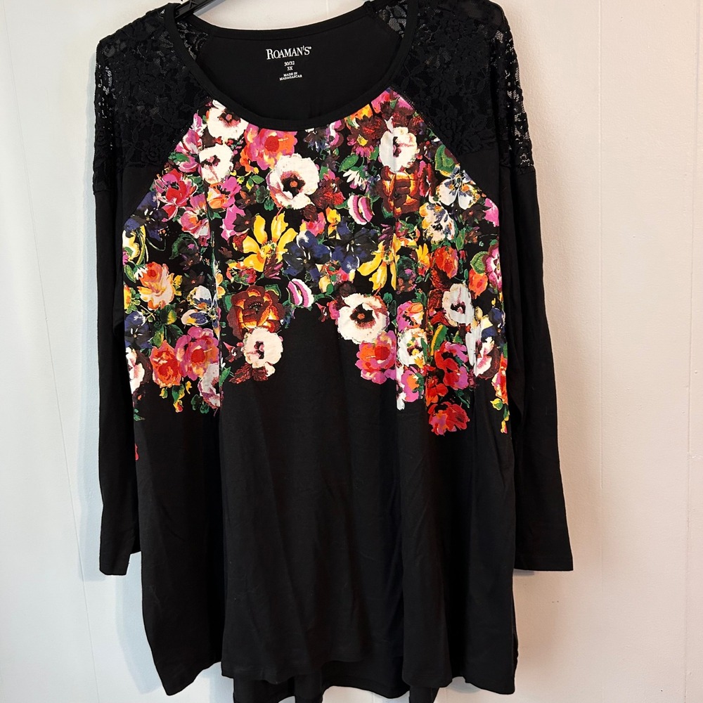 Roaman's Womens 3X Black Floral Lace Shoulder Long Sleeve Tunic Top 30/32